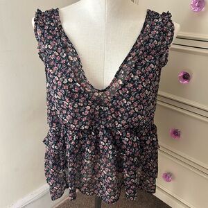 American Eagle Outfitters Floral Ruffle Blouse - Black and Pink